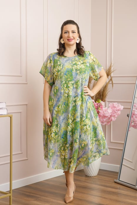Rochie Margot din voal cu baza asimetrica si imprimeu floral verde