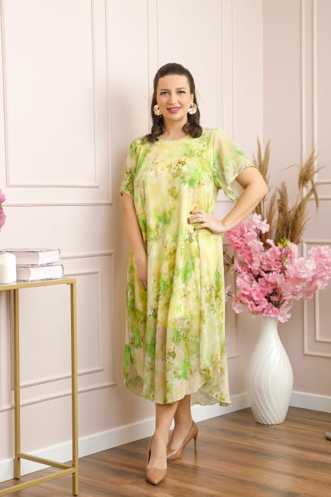 Rochie Margot din voal cu baza asimetrica si imprimeu floral verde praz