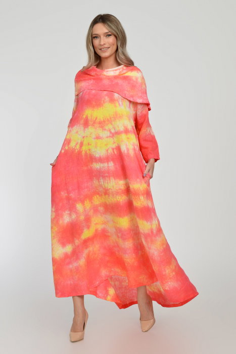 Rochie maxi, A-line, din in, cu guler amplu, cu imprimeu boem tie-dye corai