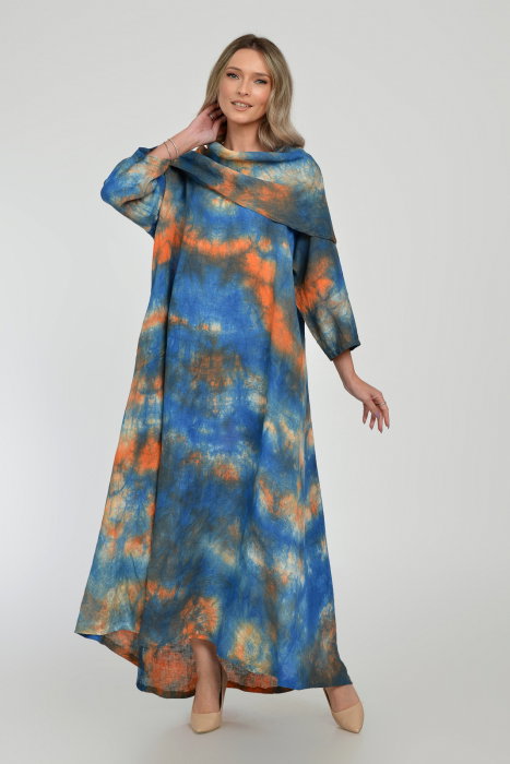 Rochie maxi, A-line, din in, cu guler amplu, cu imprimeu boem tie-dye portocaliu-bleumarin