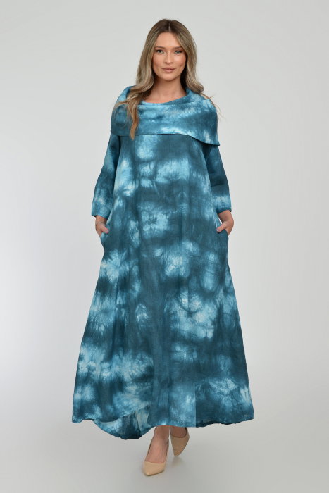 Rochie maxi, A-line, din in, cu guler amplu, cu imprimeu boem tie-dye turcoaz