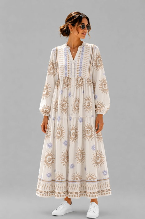 Rochie maxi din vascoza cu imprimeu solar si inspiratie boho, alb-bej