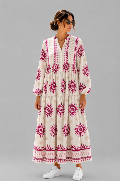 Rochie maxi din vascoza cu imprimeu solar si inspiratie boho, alb-fucsia