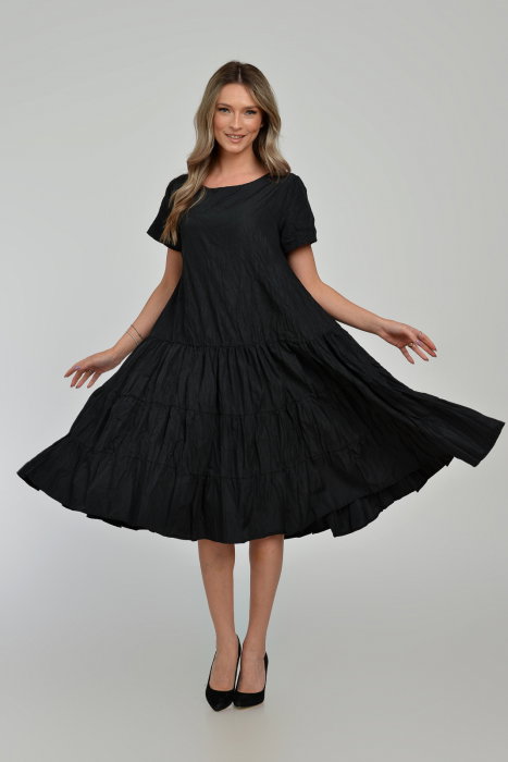 Rochie midi ampla, cu volane, A-line, cu talia joasa, din tafta de vascoza, neagra