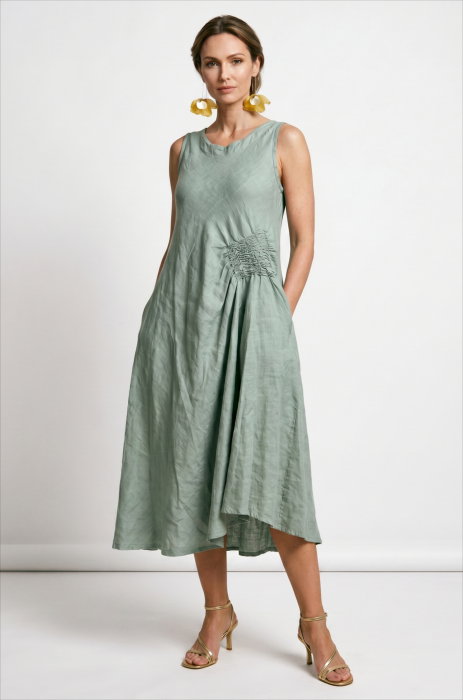 Rochie midi, asimetrica, din in, cu croiala ampla A-line si detaliu drapat, verde salvie