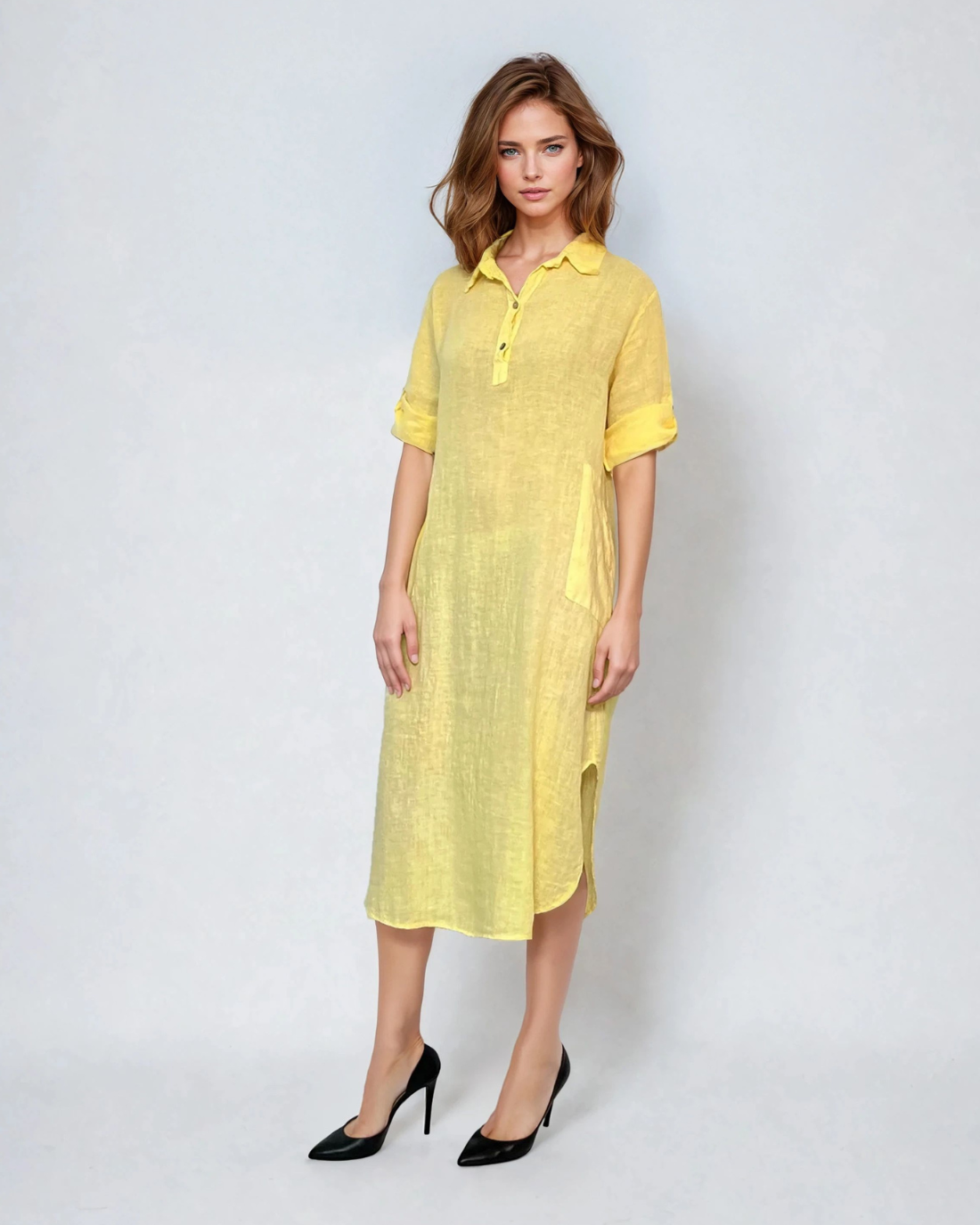 Rochie midi cămașă din in cu mânecă lungă și șlițuri laterale galben - Unica S-L