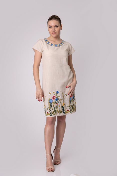 Rochie midi crem cu motiv floral multicolor Sabina