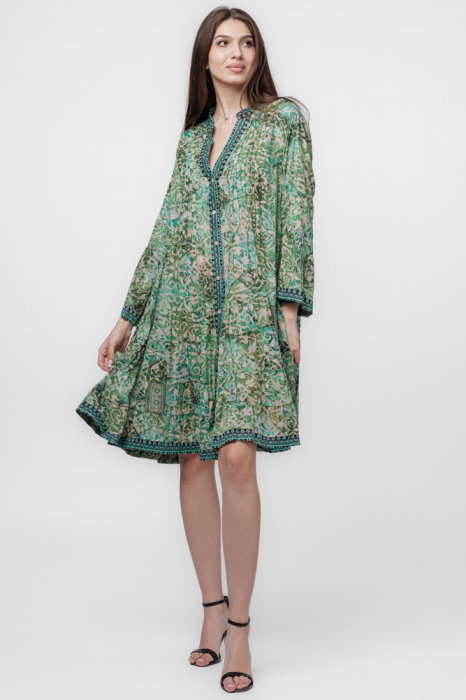 Rochie midi, cu volane, din batist de bumbac, cu imprimeu verde