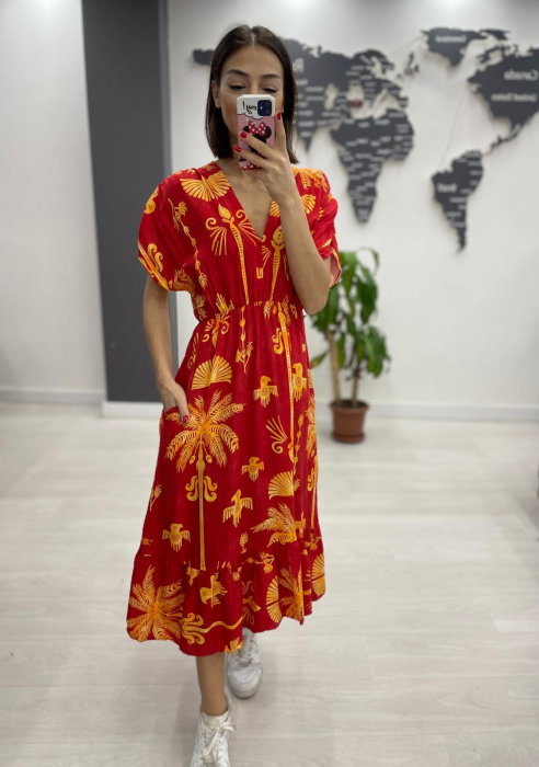 Rochie midi din bumbac, cu elastic in talie si imprimeu galben pe fond bordo