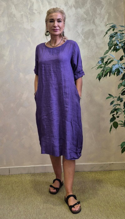 Rochie midi din in cu croiala lejera si prinderi laterale, mov