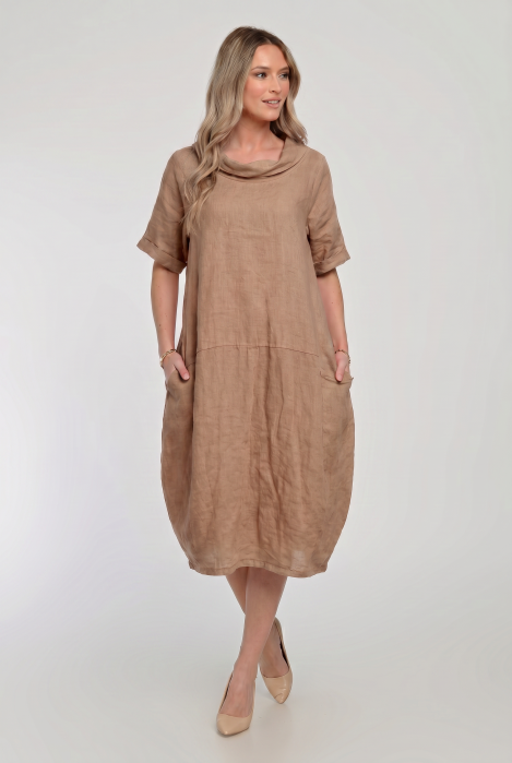 Rochie midi din in, lejera, croi lalea, oversized, camel