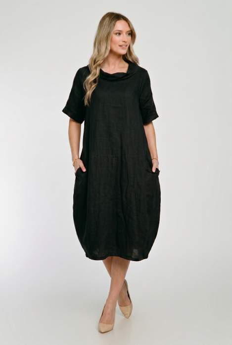 Rochie midi din in, lejera, croi lalea, oversized, neagra