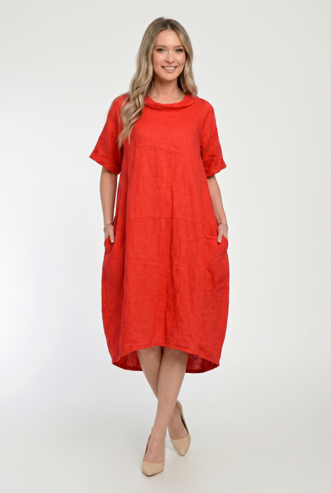 Rochie midi din in, lejera, croi lalea, oversized, rosu tangerine