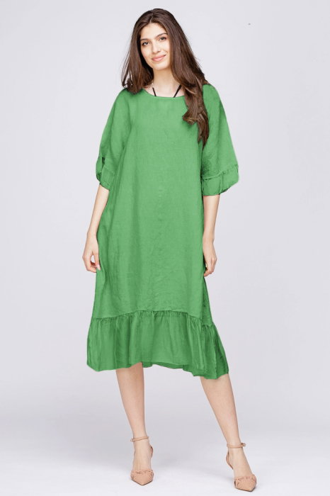Rochie midi din in verde deschis cu volane din matase si funda pe spate
