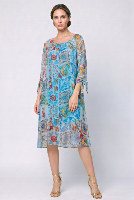 Rochie midi din matase si vascoza , cu imprimeu artistic albastru Antica Sartoria