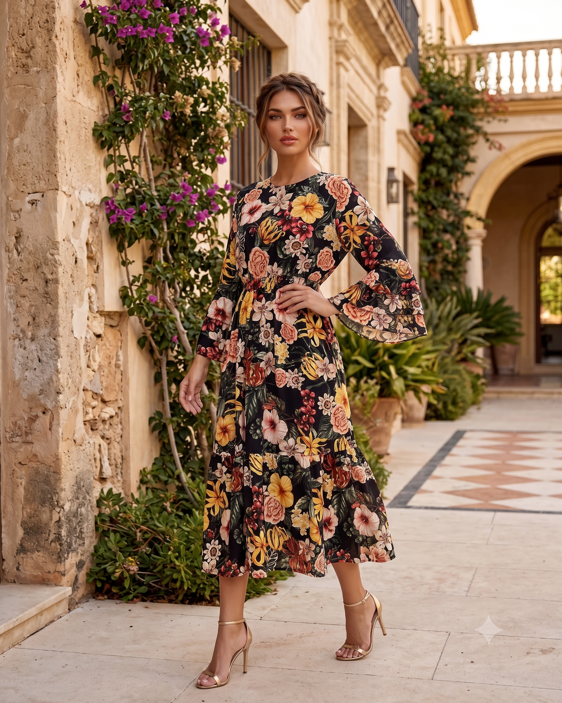 Rochie midi din vâscoză cu imprimeu floral și mâneci cu volan negru - Unica S-L