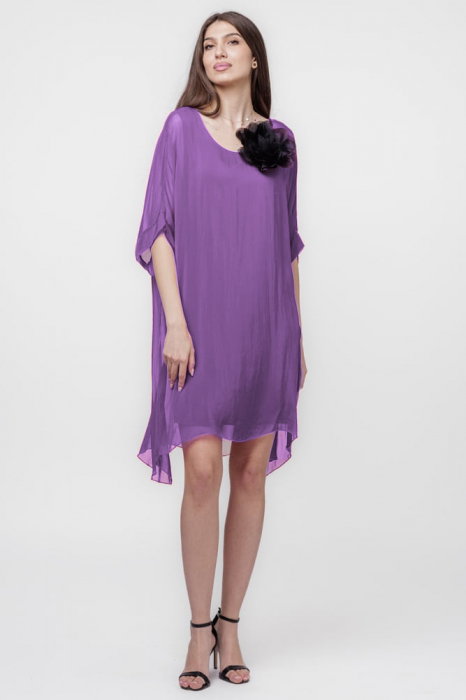 Rochie midi, dreapta, din matase si vascoza, cu funda pe spate, mov