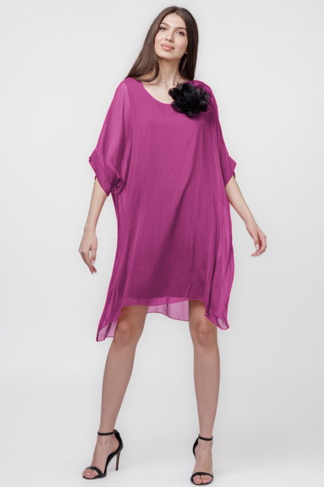 Rochie midi, dreapta, din matase si vascoza, cu funda pe spate, mov zmeura