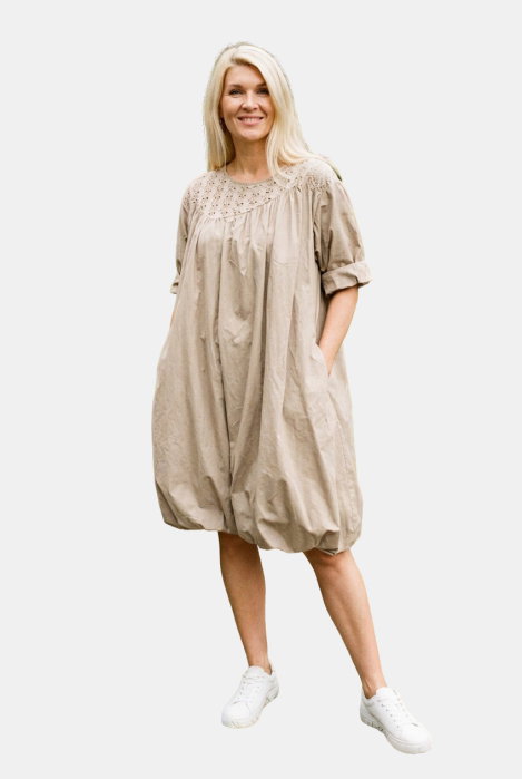 Rochie midi gogosar cu dantela, din poplin de bumbac, bej