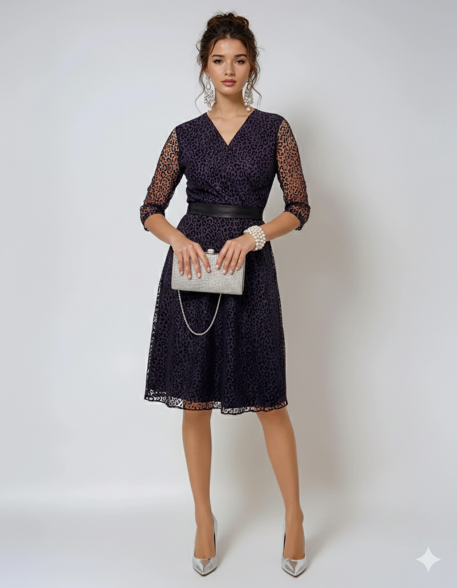 Rochie midi mov cu mâneci 3/4 din dantelă, elegantă pentru evenimente mov - 50
