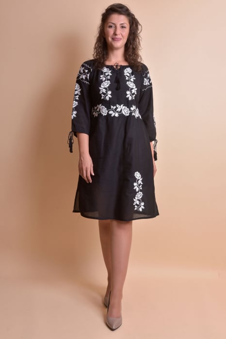 Rochie midi neagra cu motiv floral alb Ana