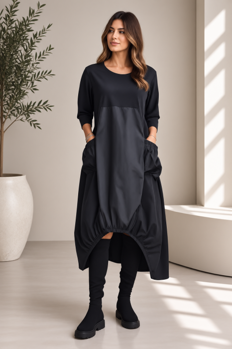 Rochie midi oversize cu tafta si croi asimetric, negru