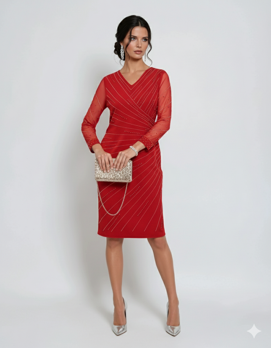 Rochie midi roșie cu mâneci din tulle decorate cu perle și strasuri rosu - 42