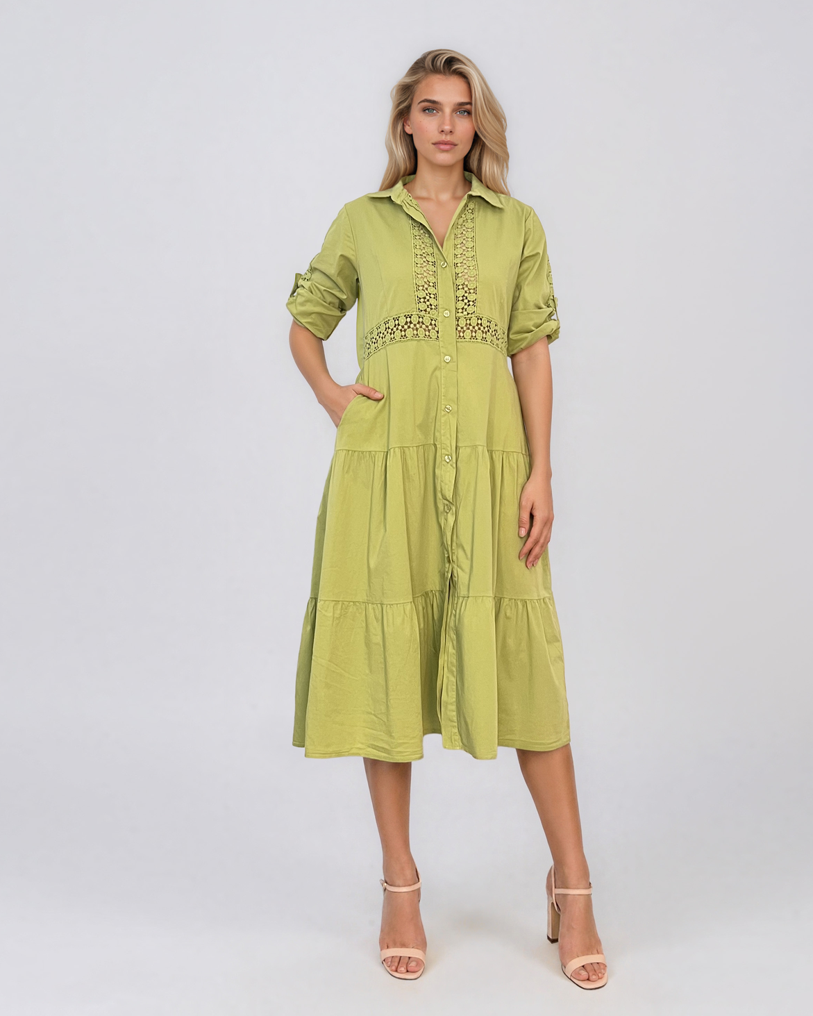 Rochie midi tip cămașă din bumbac cu broderie spartă pe bust și talie vernil - Unica S-L