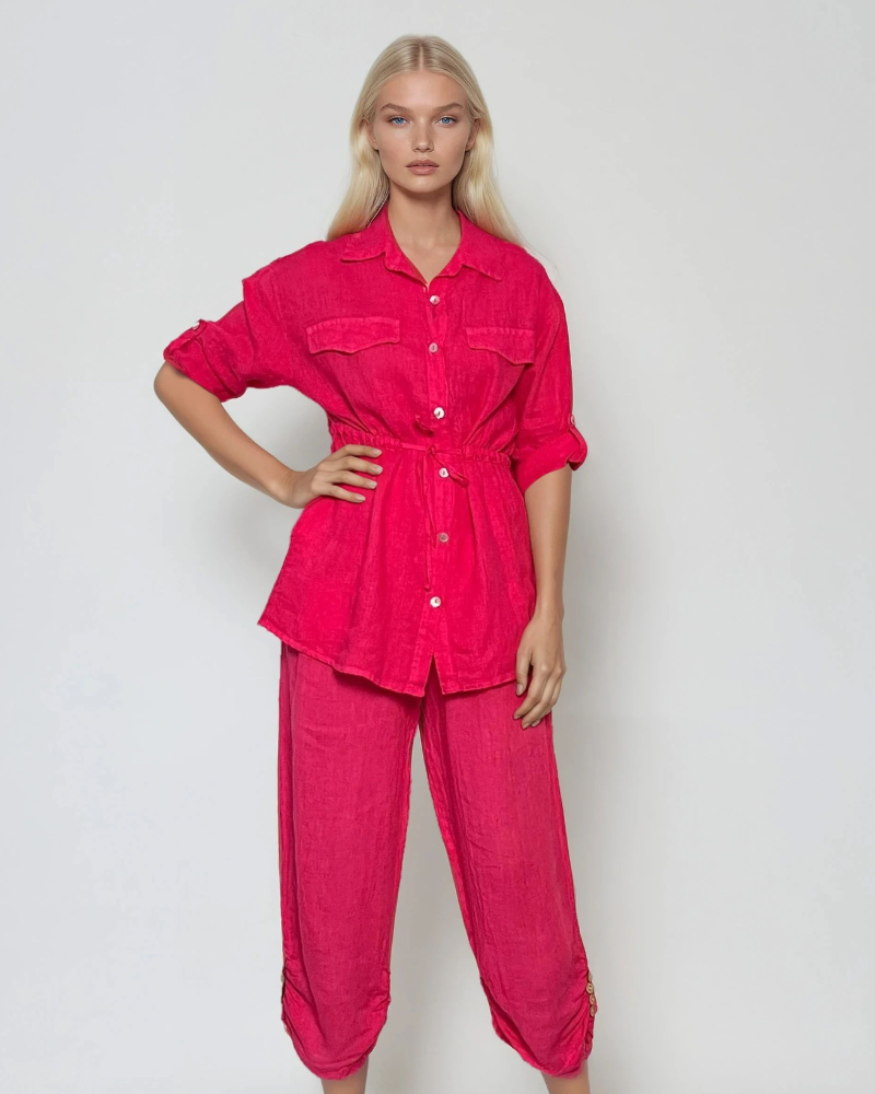 Rochie mini cămașă din in ciclam - Unica S-L