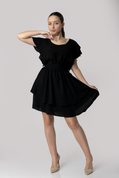 Rochie neagra cu volane si centura in talie