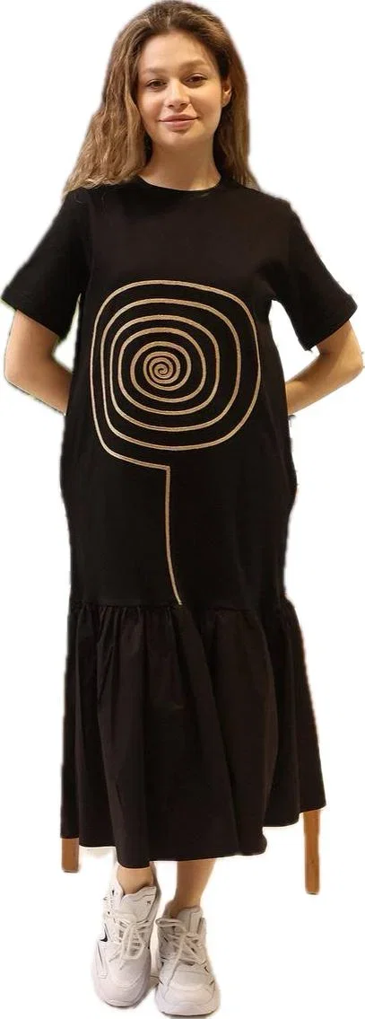 Rochie neagra din jerseu cu aplicatie aurie Lollipop si volan de poplin de bumbac, cu maneca scurta