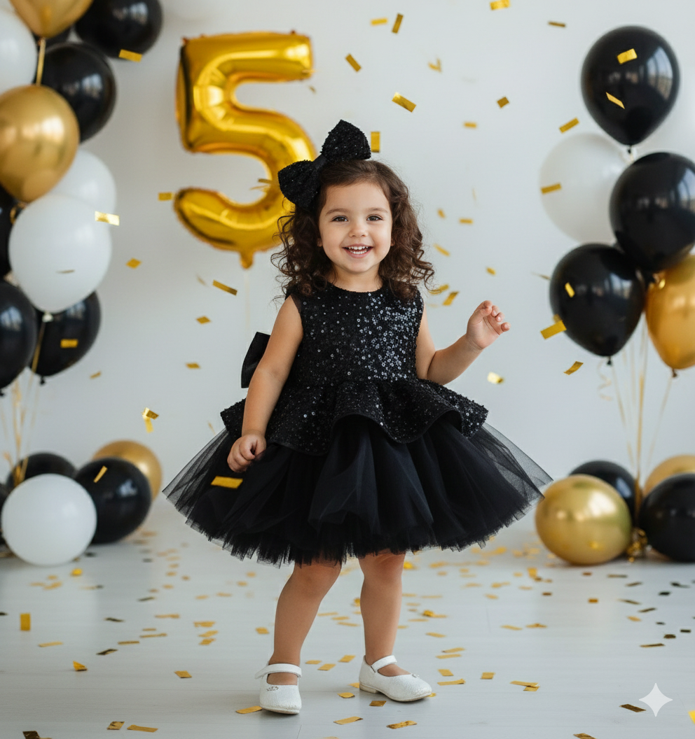 Rochie neagra eleganta din dantela cu perle si volane din tulle pentru fete - Candy