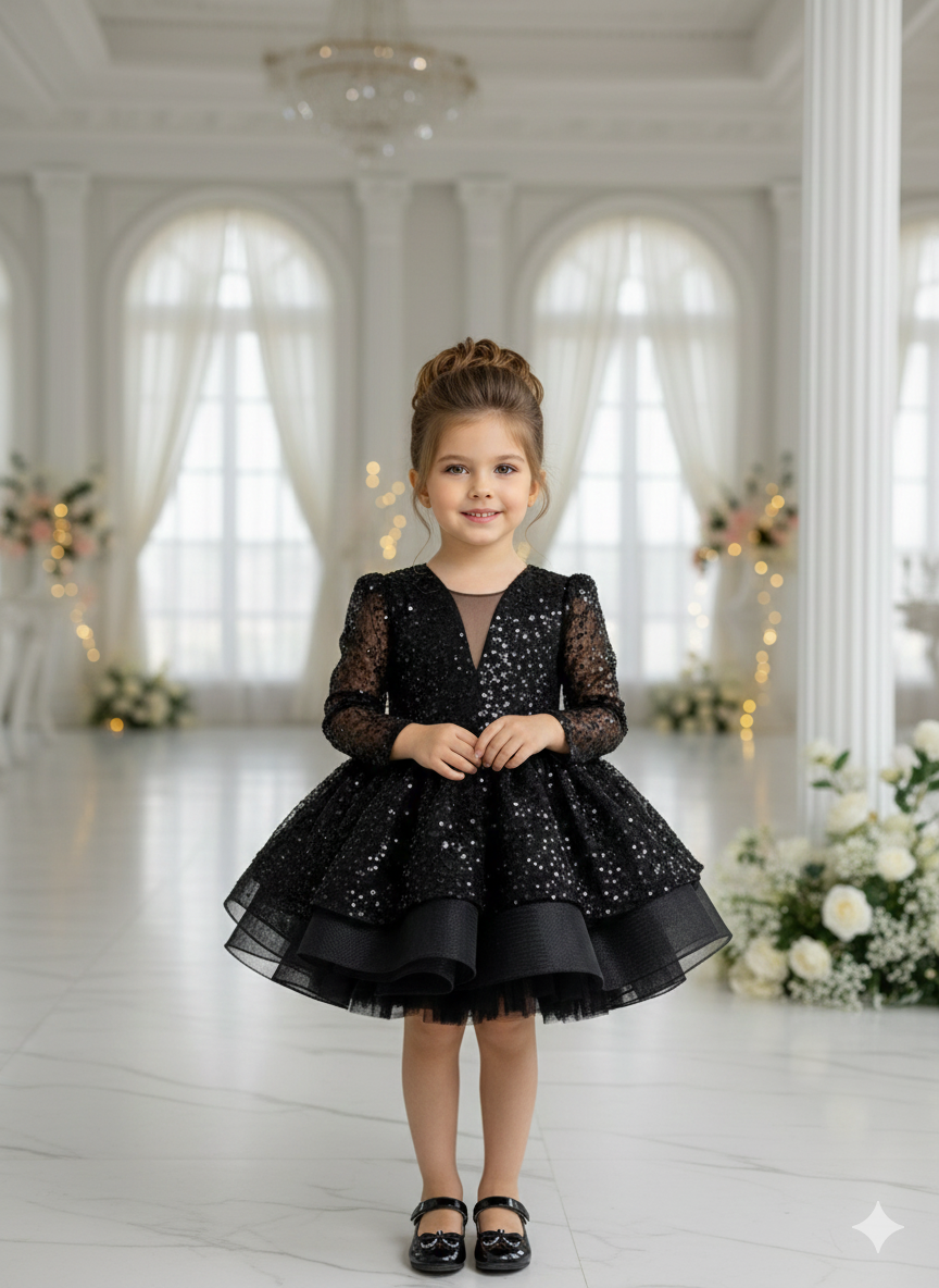 Rochie neagra eleganta pentru fete, din dantela brodata - Julieta