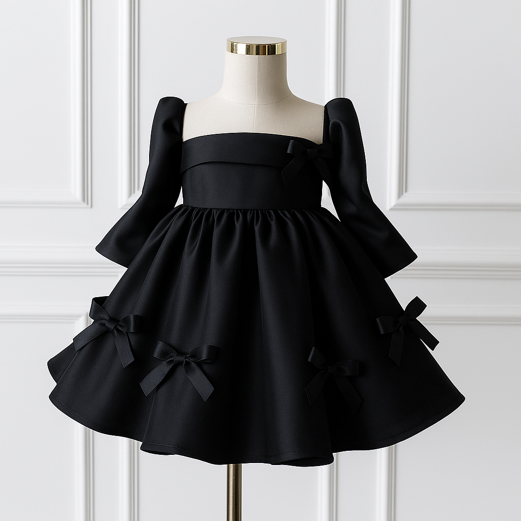 Rochie neagra eleganta pentru fete, din tafta accesorizata cu fundite - Sol