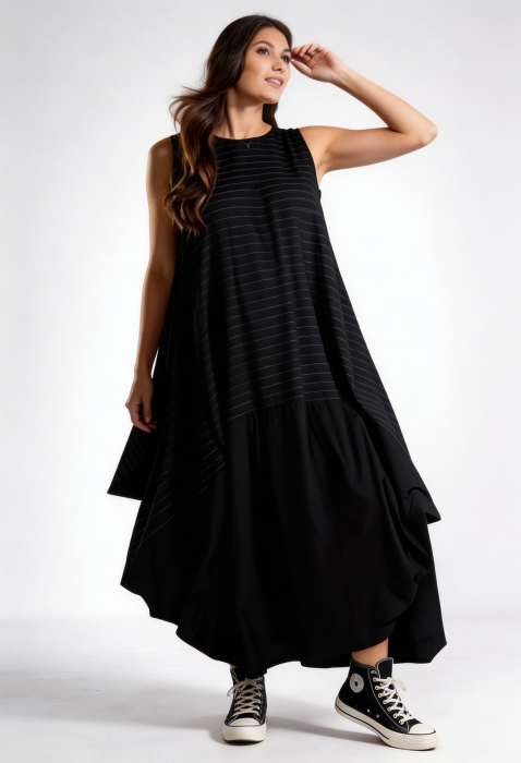 Rochie neagra in colturi cu dungi fine oversized cu volum arhitectural , stil urban chic