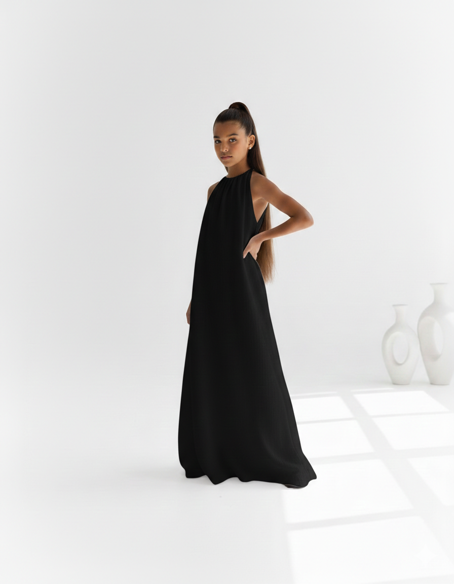 Rochie neagra lunga din muselina pentru fete - Destiny