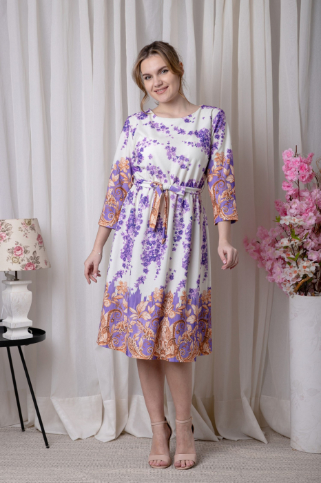 Rochie office alba cu imprimeuri florale mov si crem si cordon in talie