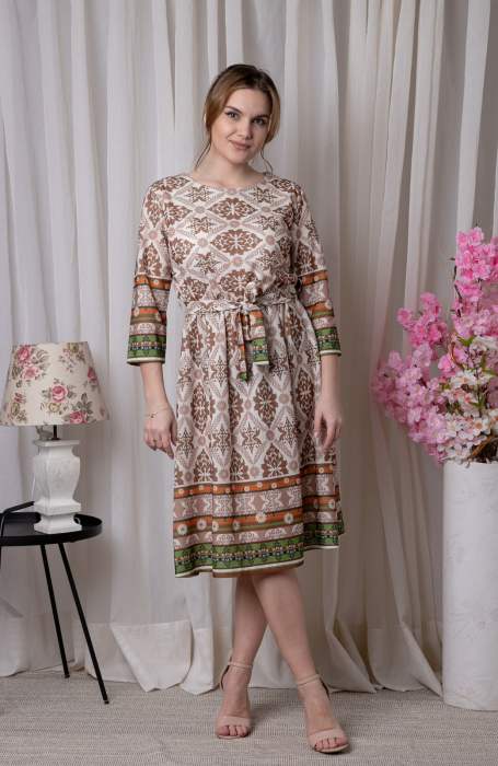Rochie office crem cu imprimeuri mandala si cordon in talie