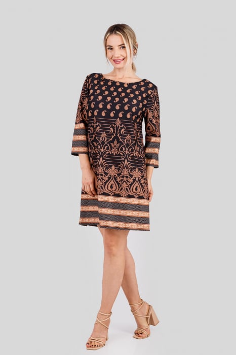Rochie office maro cu imprimeuri florale crem si maneci trei sferturi
