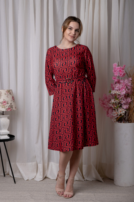 Rochie office rosie cu imprimeu geometric negru si cordon in talie
