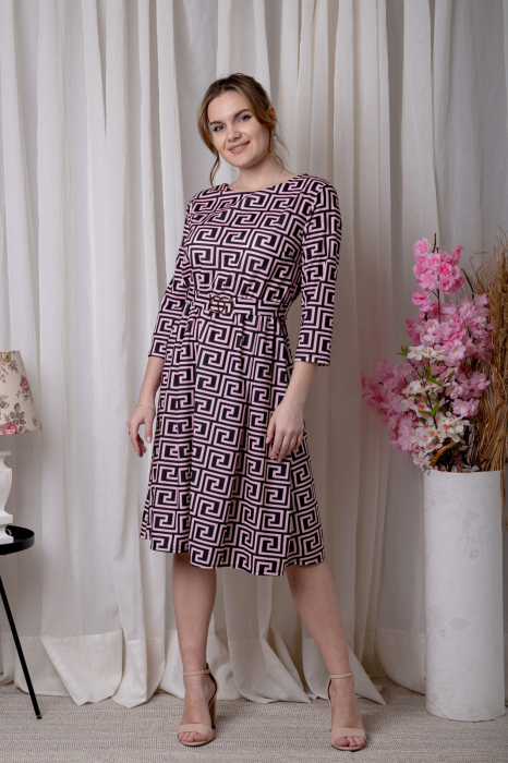 Rochie office roz cu imprimeu geometric negru si cordon in talie