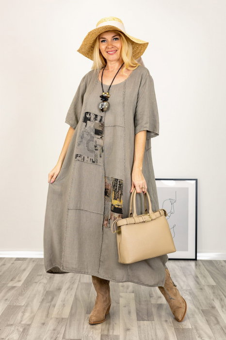 Rochie oversize A-line, din in cu snur in partea de jos, bej inchis