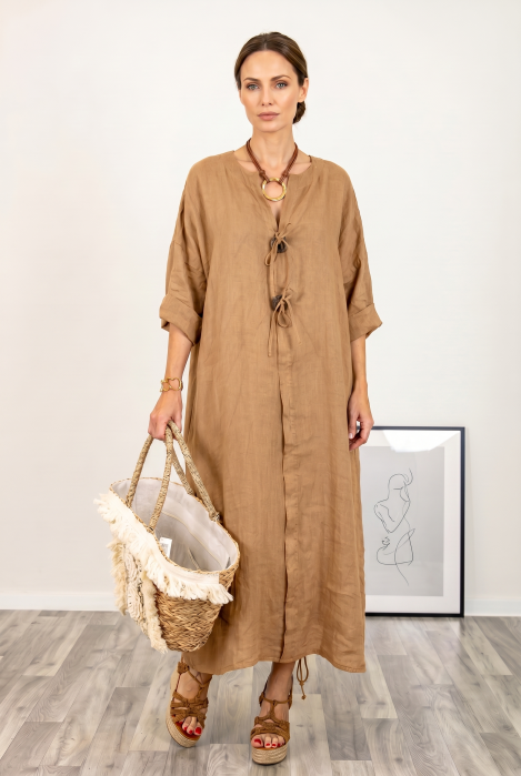 Rochie oversize din in, cu nasturi pe piept, camel