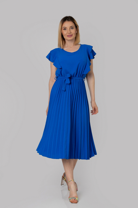 Rochie plisata albastru regal cu volane pe maneci