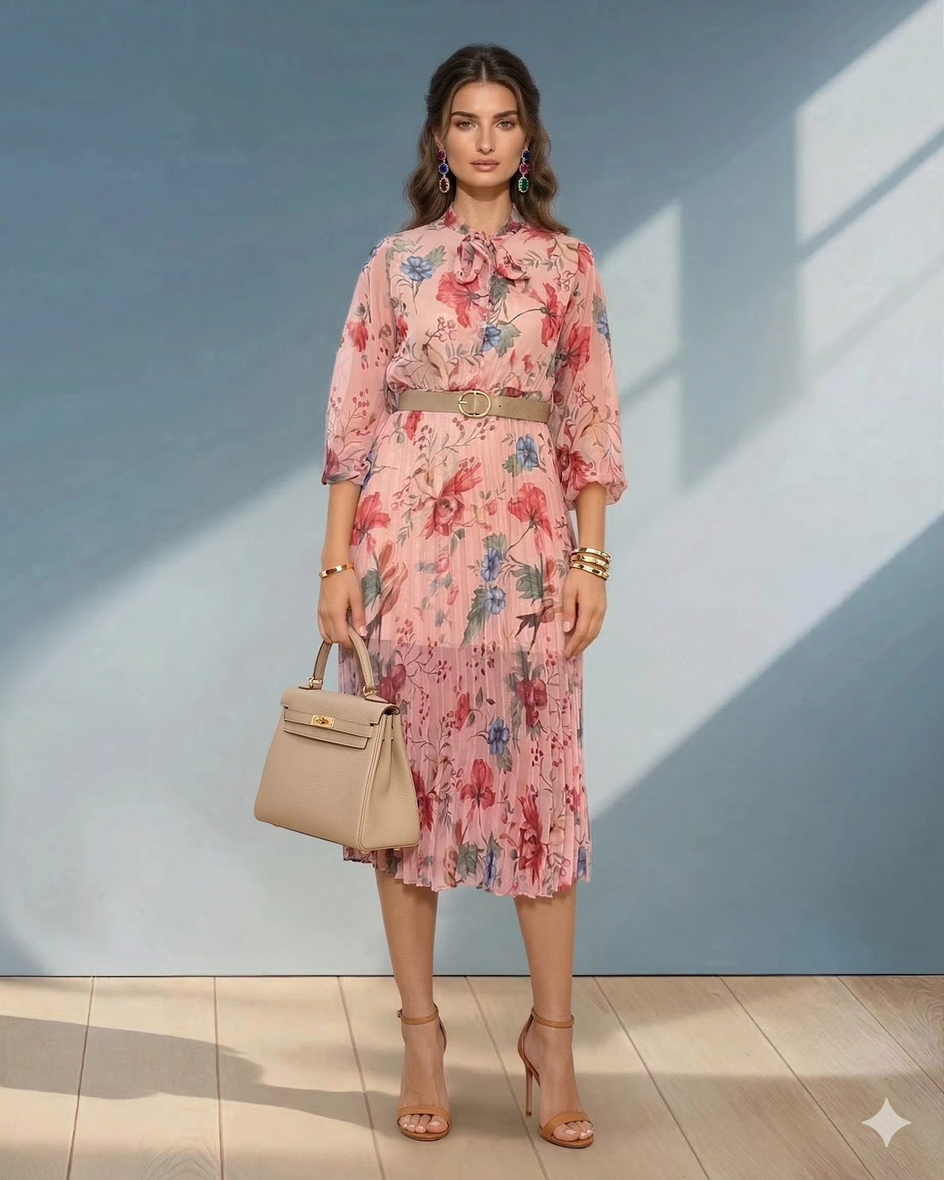 Rochie plisată cu legătură la guler și curea roz roz-flori - Unica S-L
