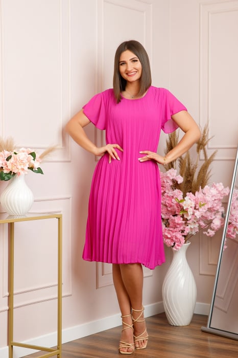 Rochie plisata Elisa cu maneci fluture - Ciclam
