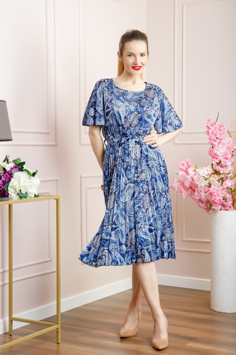 Rochie plisata satinata albastra cu imprimeuri mandala