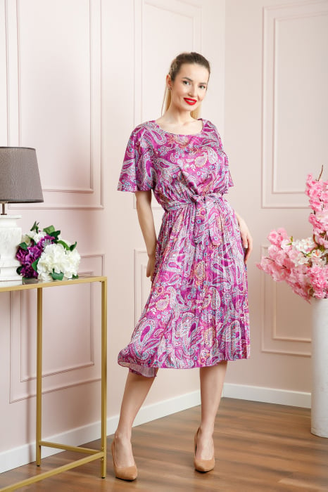 Rochie plisata satinata fuchsia cu imprimeuri mandala