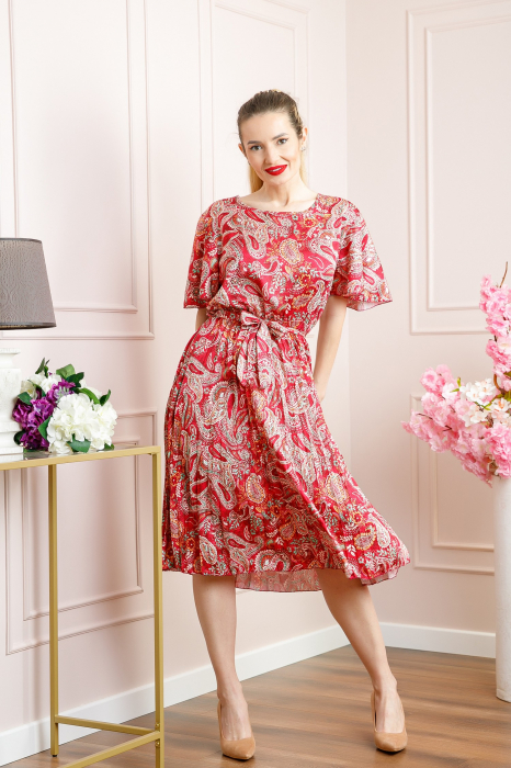 Rochie plisata satinata magenta cu imprimeuri mandala