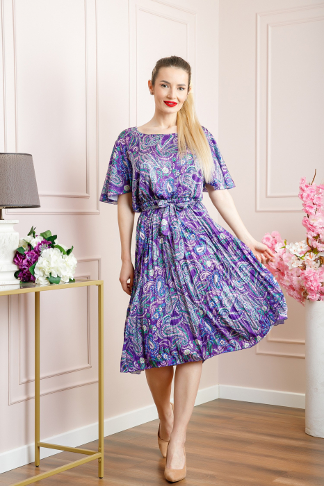 Rochie plisata satinata mov cu imprimeuri mandala